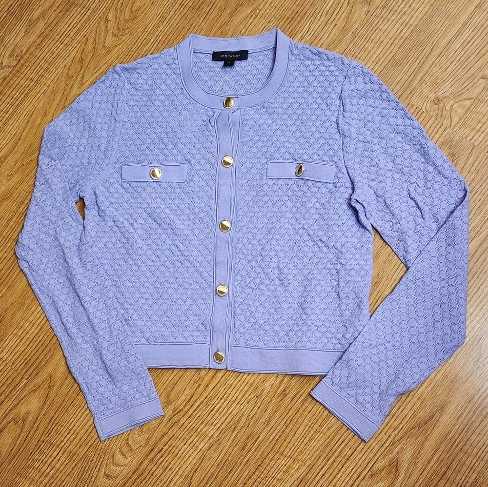Ann Taylor Light Purple Textured Cardigan with gold buttons Size M NWT